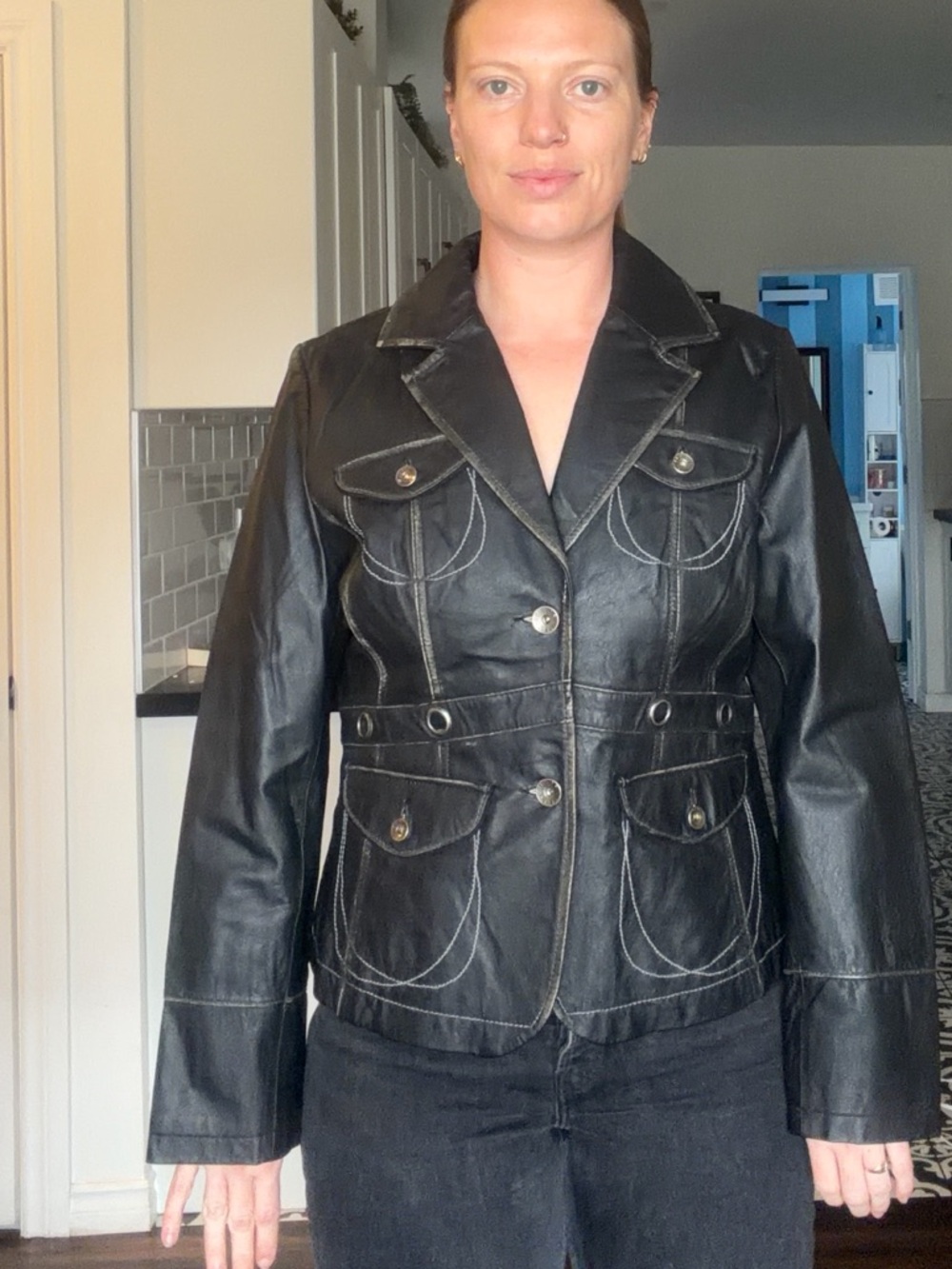 Women's Black Leather Button-Front Blazer - Picture 11 of 16